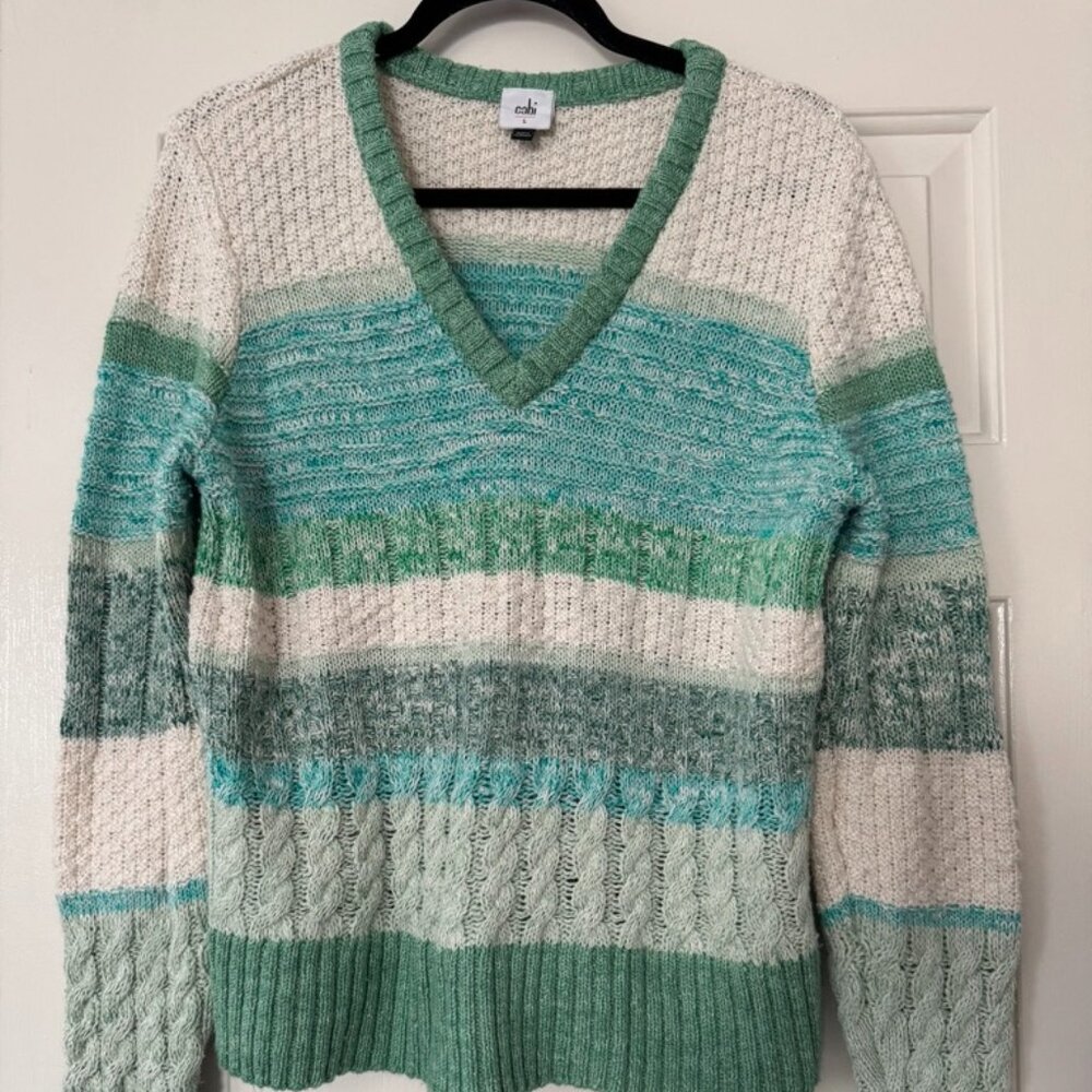 CAbi Mix Stitch Sweater #6170 - Green/Cream stripe